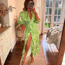 Load image into Gallery viewer, Women Clothing Autumn Sexy Slit Lace up Waist Controlled V neck Shirt Elegant Dress Women