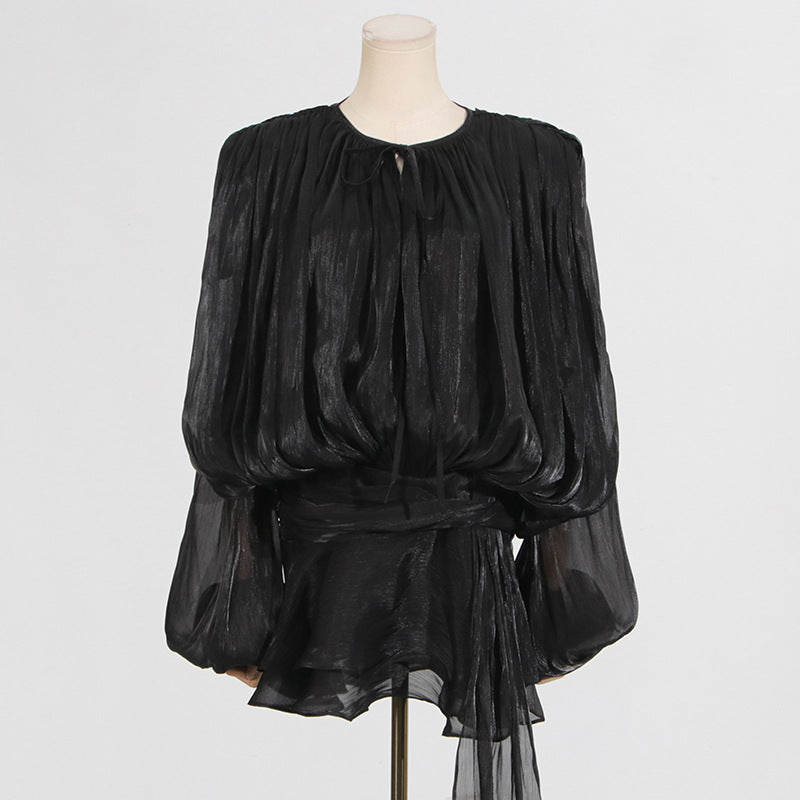 Puff Sleeve Lotus Leaf dress Early Spring Pleated Design Short Mesh Dress Women