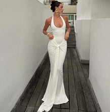 Load image into Gallery viewer, Cinched Patchwork Streamer Solid Color Wild Long Halter Backless Dress Women Clothing