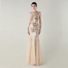 Load image into Gallery viewer, Tube Top Cross Strap Beaded Tube Floral Sequin Mesh Evening Dress Cocktail Wedding Social Elegant Clothing
