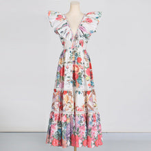 Load image into Gallery viewer, Spring Deep V Plunge neck Ruffled Sleeve Maxi Dress Ruffled Stitching Printing Design Waist Slimming Dress for Women