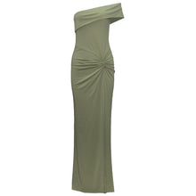 Load image into Gallery viewer, Slant Shoulder Tight Waist Twisted High Waist High Slit Sheath Maxi Dress