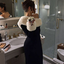 Load image into Gallery viewer, Autumn Winter Women Sexy Fur Collar Stitching Slim Fit Oblique Shoulder Color Matching Long Sleeve Elegant Dress