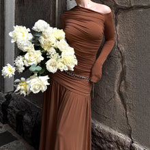 Load image into Gallery viewer, Women Clothing Autumn Solid Color One Shoulder Cold Shoulder Long Sleeve Stitching Dress