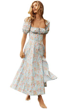 Load image into Gallery viewer, Women Summer Top Product Puff Sleeve Floral Tie Neck High Slit Women Dress Summer