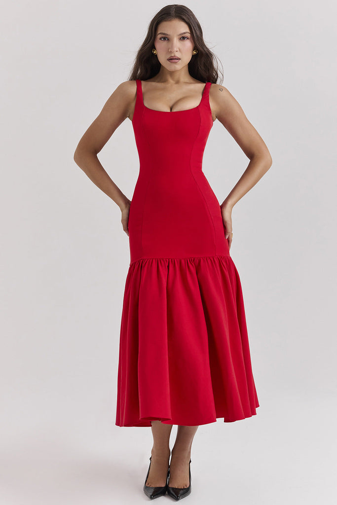 Summer Square Collar Cut Ballet Sheath Fitted Waist Fishtail Strap Dress for Women Elegant Bubble Dress Women