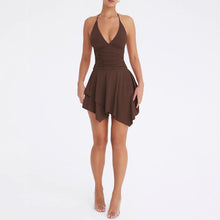 Load image into Gallery viewer, Arrival Women Deep V Plunge neck Halter Backless Lace up Sexy Pleated Irregular Asymmetric Dress