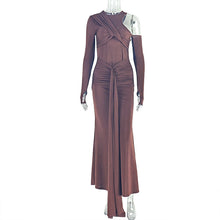 Load image into Gallery viewer, Solid Color Design Women Pleated One Shoulder Hip Dress Lace up Cutout round Neck Length Dress