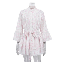 Load image into Gallery viewer, French Short Print Elegant Dress for Women Stand up Collar Flared Sleeves Single Breasted Lace up A line Dress