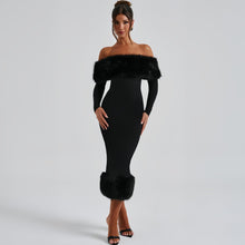 Load image into Gallery viewer, Women Clothing Autumn Winter Fur Collar off Neck Long Sleeve Slim Fit Evening Dress