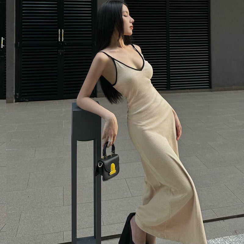 Women Clothing Summer Fashionable Elegant Sexy V neck Midi Strap Dress