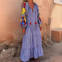 Load image into Gallery viewer, Autumn Long Sleeve Arrival V neck Lantern Sleeve Striped Printed Dress