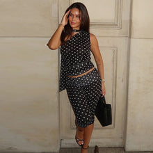 Load image into Gallery viewer, Winter Mesh Stitching Polka Dot Shoulder Diagonal Collar Top Slim Cropped Pants Set