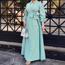 Load image into Gallery viewer, Women Striped Long Sleeve Turn down Collar Elegant Casual Robe Tunic Dress