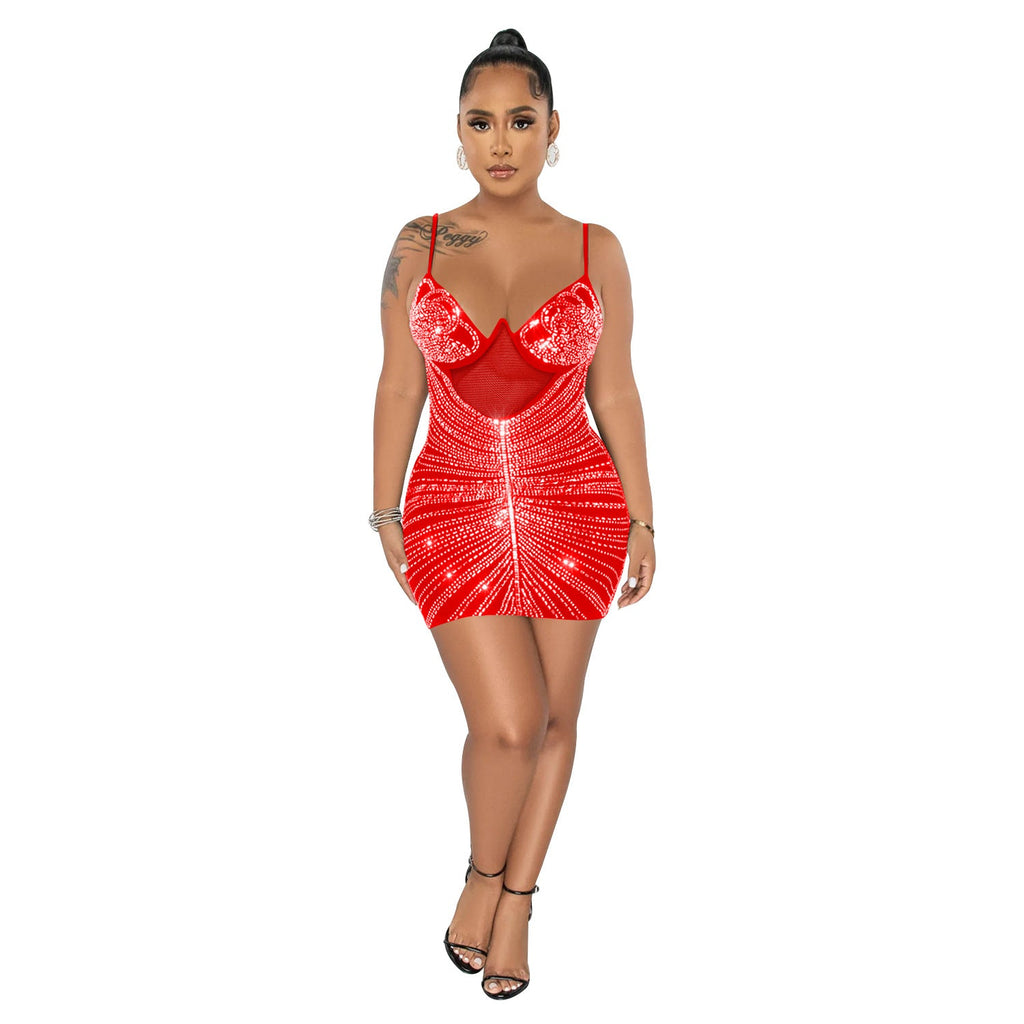 Women Wear Rhinestone Mesh Camisole Sleeveless Dress