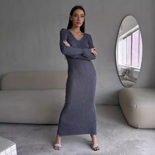 Load image into Gallery viewer, Long Sleeve V neck Tight Knitted Dress Solid Color Rib Fabric Wool Long Autumn Winter Dress