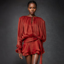Load image into Gallery viewer, Puff Sleeve Lotus Leaf dress Early Spring Pleated Design Short Mesh Dress Women