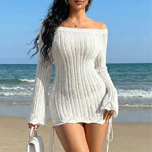 Load image into Gallery viewer, Women French Entry Lux off Shoulder Knitted Seaside Vacation Solid Color Hollow Out Cutout out Long Sleeve Hip Dress Drawstring Slim Blouse