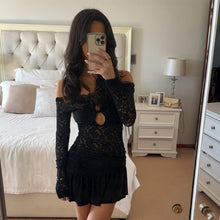 Load image into Gallery viewer, Lace Hollow Out Cutout Sexy off Shoulder Dress Women Adult Lady like Woman Slim Fitting Patchwork Tiered Dress