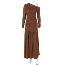 Load image into Gallery viewer, Women Clothing Autumn Solid Color One Shoulder Cold Shoulder Long Sleeve Stitching Dress