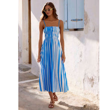 Load image into Gallery viewer, Spring Summer off Neck Striped Waist Trimming Printing Vacation Mid Length Dress