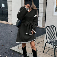 Load image into Gallery viewer, Idle Tie Waist Trimming Loose Knitted V neck Long Sleeve Fall Mid Length Dress Women