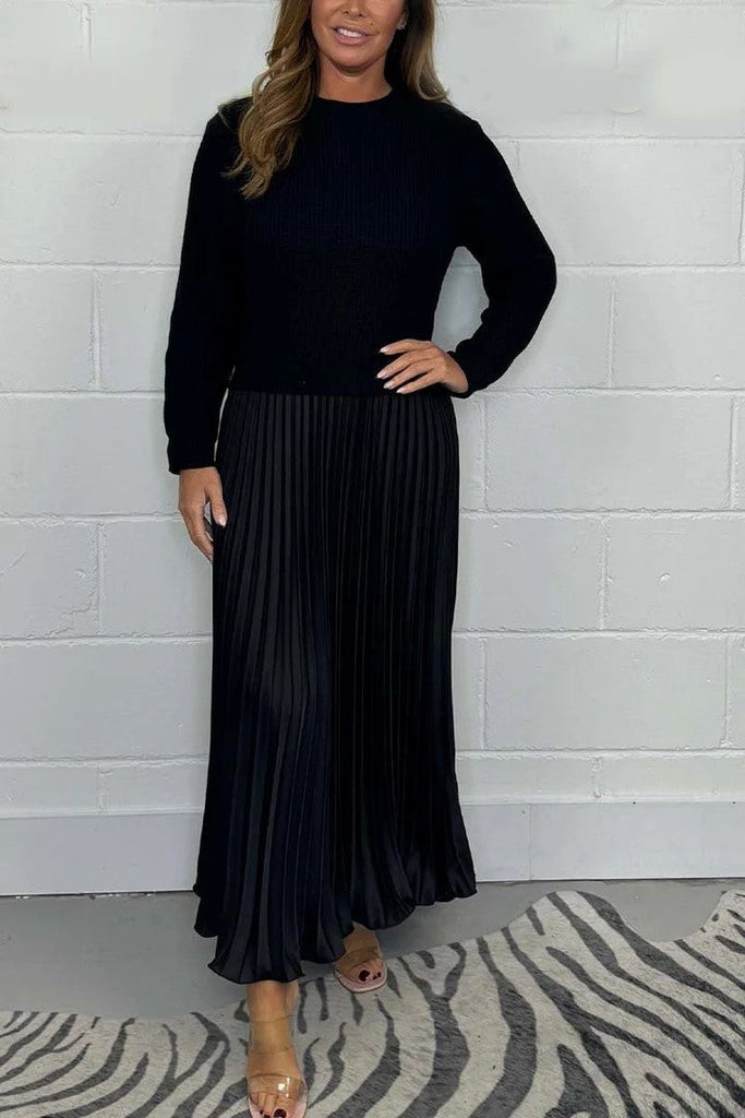 New Autumn Winter Women round Neck Top Sunken Stripe Pleated Dress