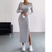 Load image into Gallery viewer, Autumn Winter Long Sleeve Crew Neck Split Knitted Maxi Dress Women