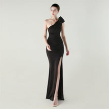 Load image into Gallery viewer, One Shoulder Three Dimensional Floral Satin Folding High Slit Sexy Evening Dress Dinner Wedding Social