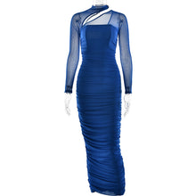 Load image into Gallery viewer, Women Dress Mesh round Neck Long Sleeve Backless Tube Top Slim Fit Pleated Dress