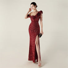 Load image into Gallery viewer, One Shoulder Pleated Ruffled Embellished Beaded Chain Sequined Evening Dress Cocktail Wedding Red Carpet