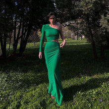 Load image into Gallery viewer, Women Sexy Oblique Shoulder Single Sleeve Pleated Cropped Outfit Split Mid Length Women Dress