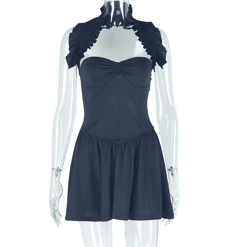 Solid Color Slim Women Clothing Sexy Backless Pleated A line Simple Halter Short Sleeveless Dress