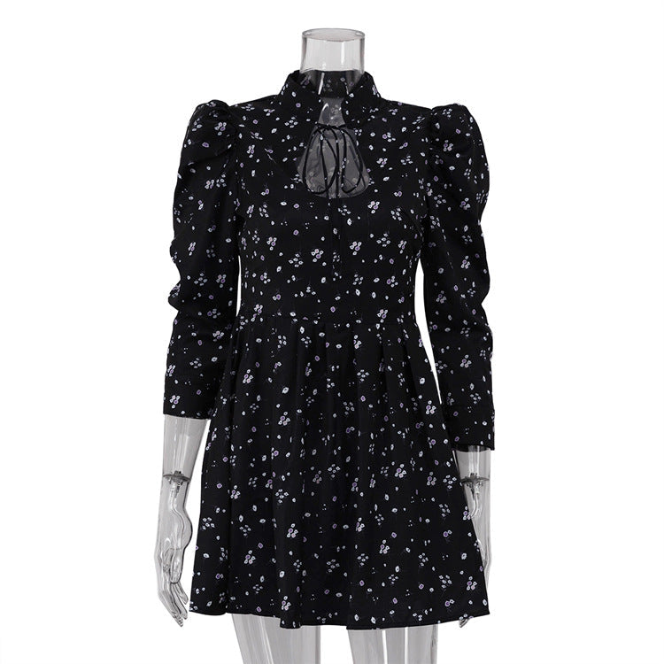 Women Clothing Floral Short Dress Women pirational Design Stylish Stand up Collar Tie Three Quarter Sleeve High Waist A line Dress