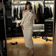 Load image into Gallery viewer, Autumn Winter Women Clothing Cross Shoulder Bag Hip Long Sleeve Dress Party Comfortable Keep Warm Solid Color Gentle Maxi Dress