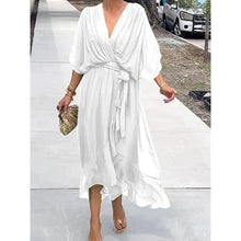Load image into Gallery viewer, Women Clothing Solid Color Tied Maxi Dress Batwing Sleeve Irregular Asymmetric Dress