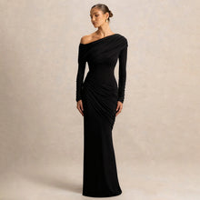 Load image into Gallery viewer, Women Clothing Autumn Winter Solid Color Elegant Slim Fit Asymmetric Neckline Pleated Dress