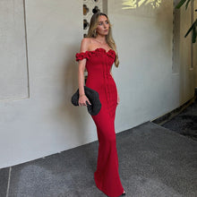 Load image into Gallery viewer, Summer Women Clothes off Neck Wooden Ear Stitching Tied Slim Tube Top Dress Women