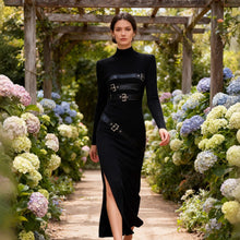 Load image into Gallery viewer, Turtleneck Solid Color Dress Spring High Grade Long Sleeve Split Metal Decorative Dress Women