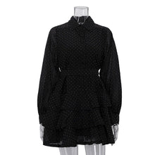 Load image into Gallery viewer, Casual Black Rhimestone A line Dress Women Clothing Autumn Polo Collar Long Sleeve High Waist Bubble Dress