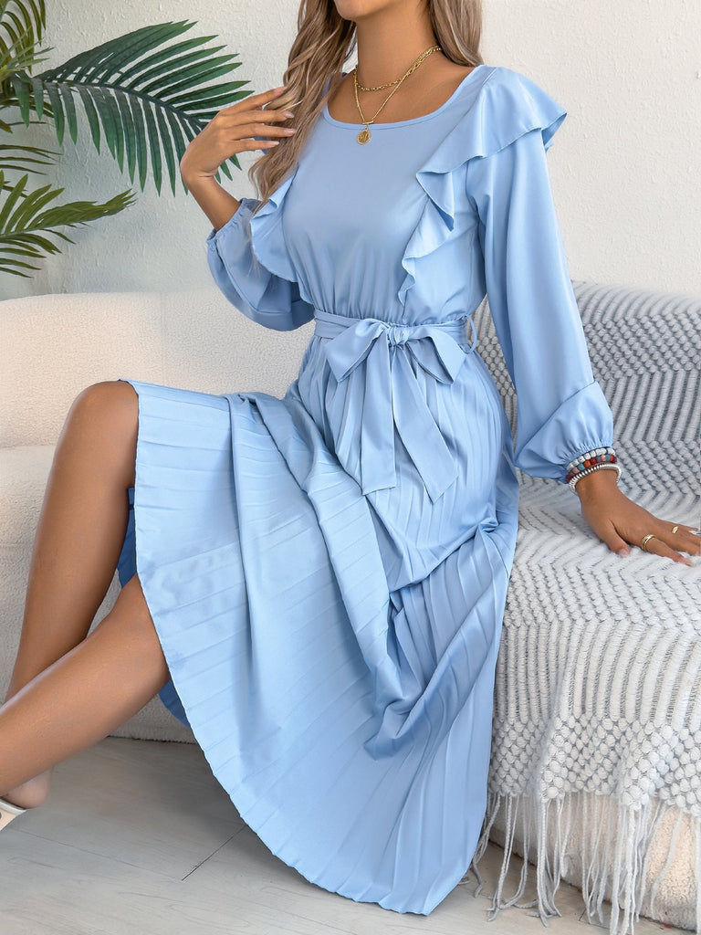 Women Clothing Spring Summer Elegant Ruffled Square Collar Long Sleeve Cinched Pleated Dress