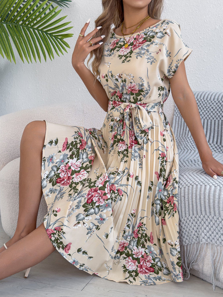 Women Clothing Spring Summer Elegant Floral Batwing Sleeve Lace up Cinched Waist Pleated