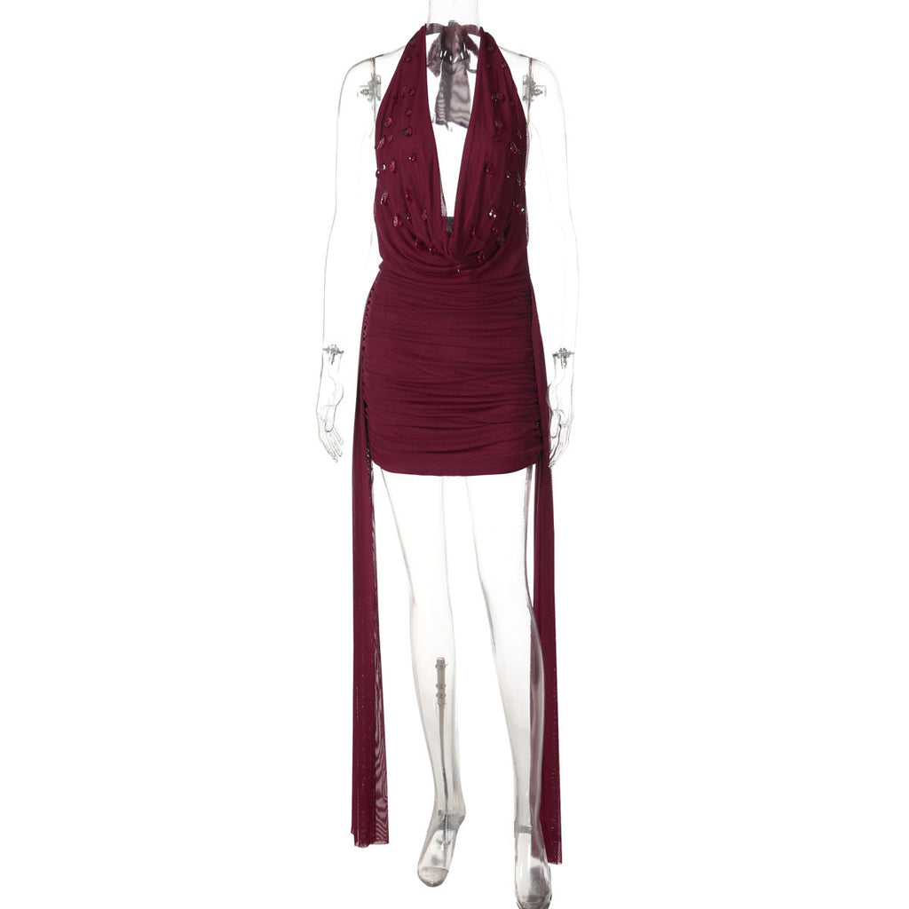 Winter Arrival Stylish Water Drop Decorative Ribbon Sexy V neck Halter Backless Sheath Dress