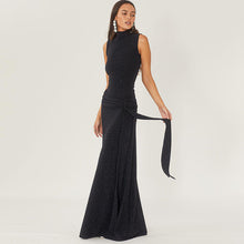 Load image into Gallery viewer, Autumn Elegant Slim Turtleneck Sleeveless Stitching Ribbon Bright Silk Dress Women