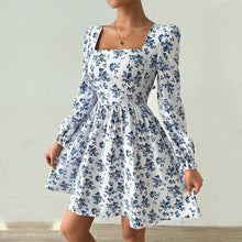 Load image into Gallery viewer, Women Clothing French Square Collar Elegant Dress Autumn Winter High Waist Backless Lace up Floral