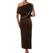 Load image into Gallery viewer, Niche Design One Shoulder Velvet Dress Women Autumn Winter Cocktail Dress Side Slit Slimming Elegant Maxi Dress