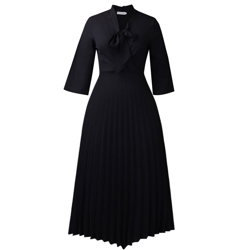Three Quarter Sleeve Lace up Elegant Asymmetric Dress Pleated Dress