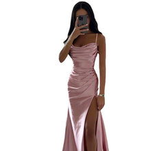 Load image into Gallery viewer, Women Spring Tube Top Pleated Slit Satin Dress Sexy Slim Hip Dress
