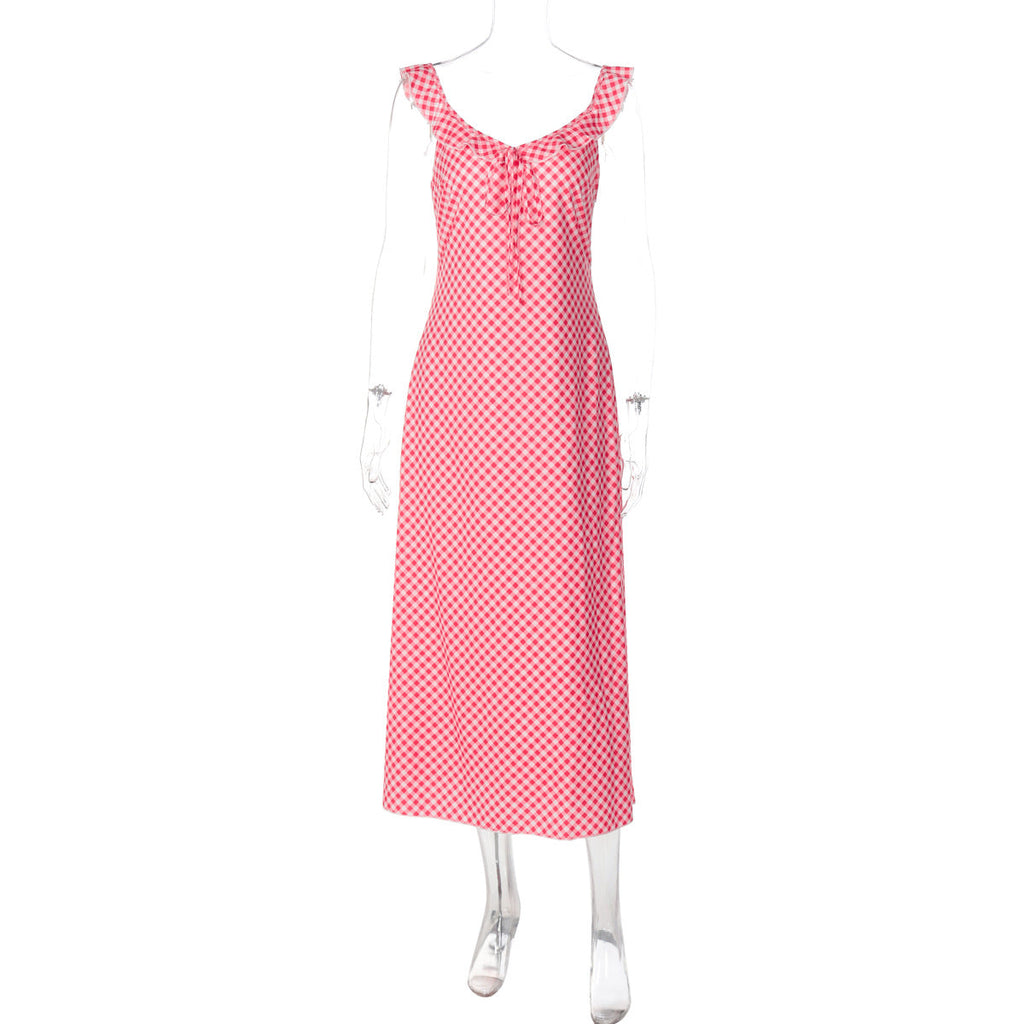 French Summer Sexy V neck Plaid Strap Dress Vacation Maxi Dress