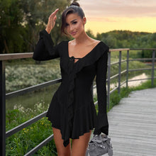 Load image into Gallery viewer, Women Clothing Ruffled Pointed Collar Rope Bell Sleeve Dress
